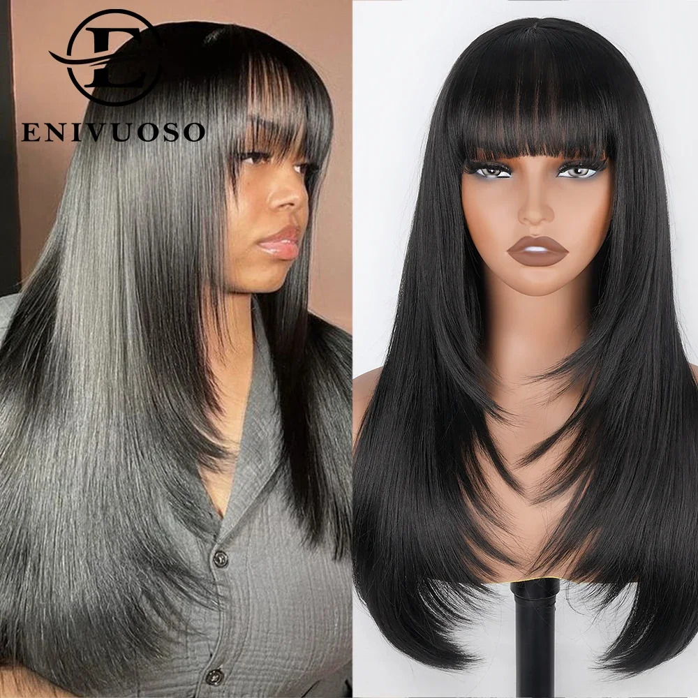 Cut For Women 3X1 HD Lace Synthetic Layered With Bangs Natural Black Straight Glueless Wigs
