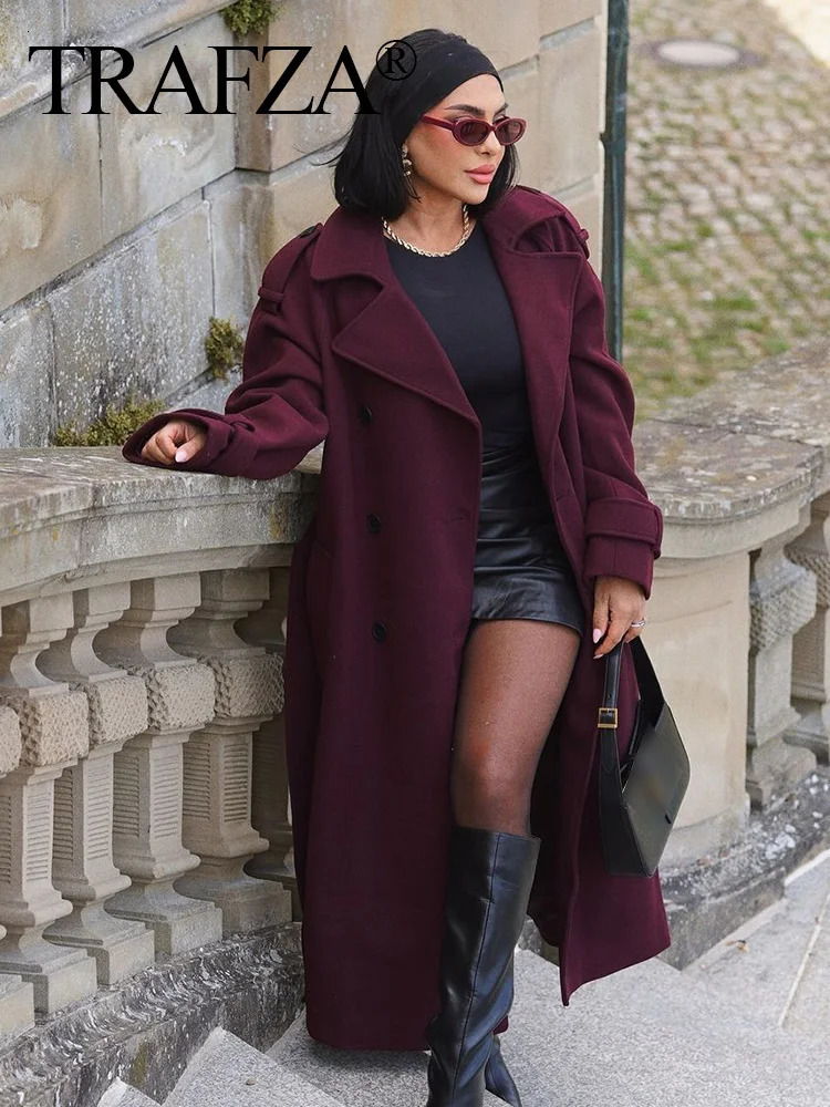 TRAFZA Women Elegant Burgundy Lapel Blend Maxi Overcoat Fashion Winter Double-Breasted Jacket with Belt Female Chic Trench Coat 241126
