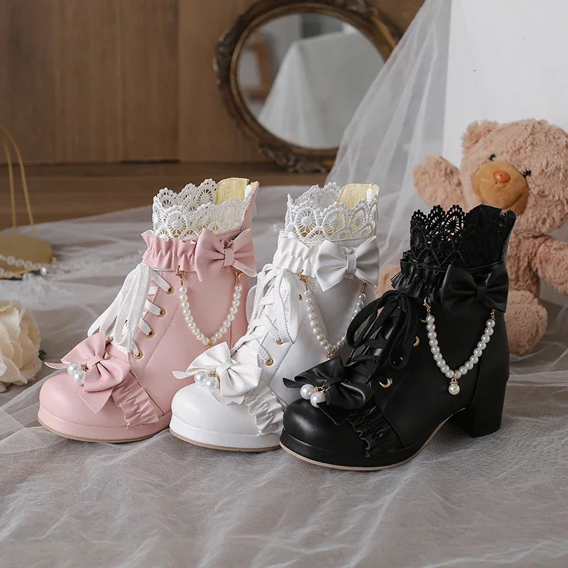 Autumn Winter Womens Ankle Boots Plus Size 22-28CM PU Upper Modern Boots Lace Pearl Chain Bow Lolita Thick Foot Boots 241126