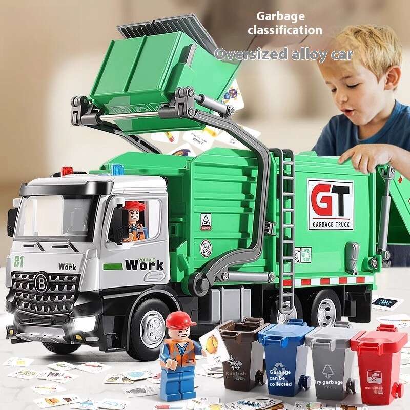 Large Sanitation Garbage Truck Transportation Classification Engineering Vehicle Alloy Metal Car Model Sound Light Children Toys