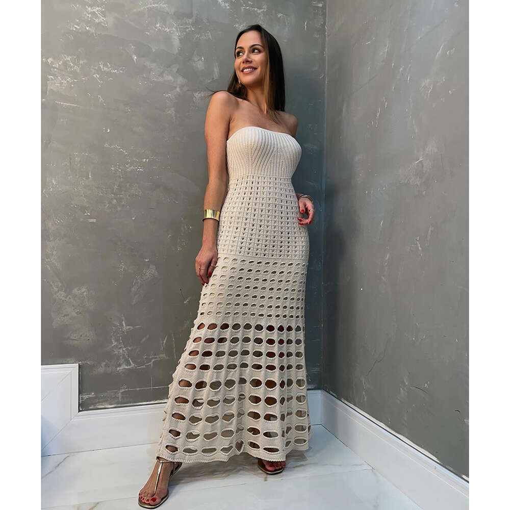 Summer Hollow Out Bandeau Sexy Women Bikini Cover-Ups See Through Maxi Lady Solid Swimsuit Beach Party Dress