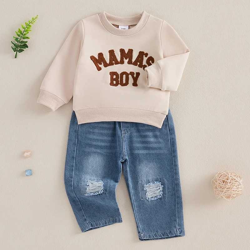 Clothing Sets Toddler Boy Autumn Outfit Set with Letter Embroidery Sweatshirt and Distressed Jeans - Long Sleeve Pullover and Pants for Baby H241126
