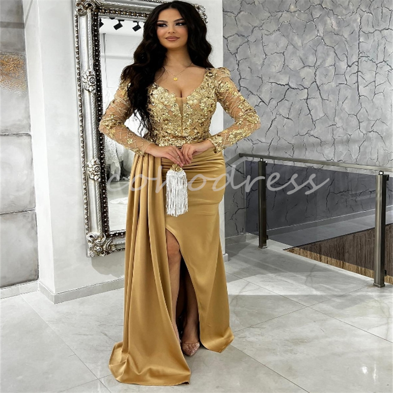 Beautiful Dubai Gold Evening Dress With Lace Elegant Mermaid Long Sleeve Prom Dress With Slit V Neck Satin Formal Party Dance Vestio De Fiesta Longos