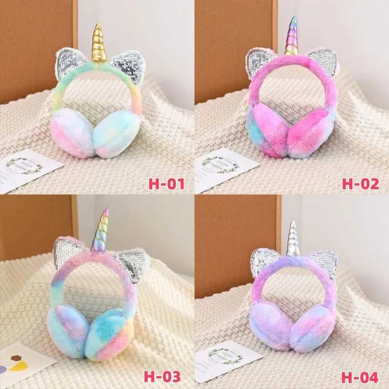 Cute unicorn earmuffs with sequins for children cat earmuffs for winter warm fur plush headband for women tie dye fluffy earmuffs W241126
