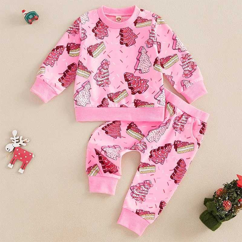 Clothing Sets Baby Girl 2Pcs Christmas Outfits Long Sleeve Cake Print Sweatshirt Tops Pants Set Toddler Kids Xmas Clothes Tracksuits Set H241126