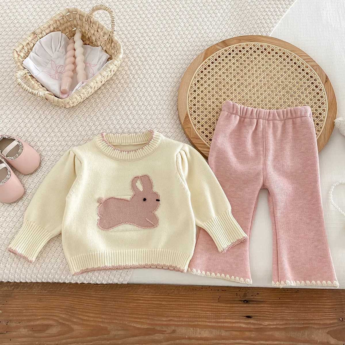 Clothing Sets Autumn Winter 2024 Baby Girls 2PCS Knitwears Set Cotton Knitted Rabbit Sweaters Stretch Pants Suit Toddler Girls Outfits H241126
