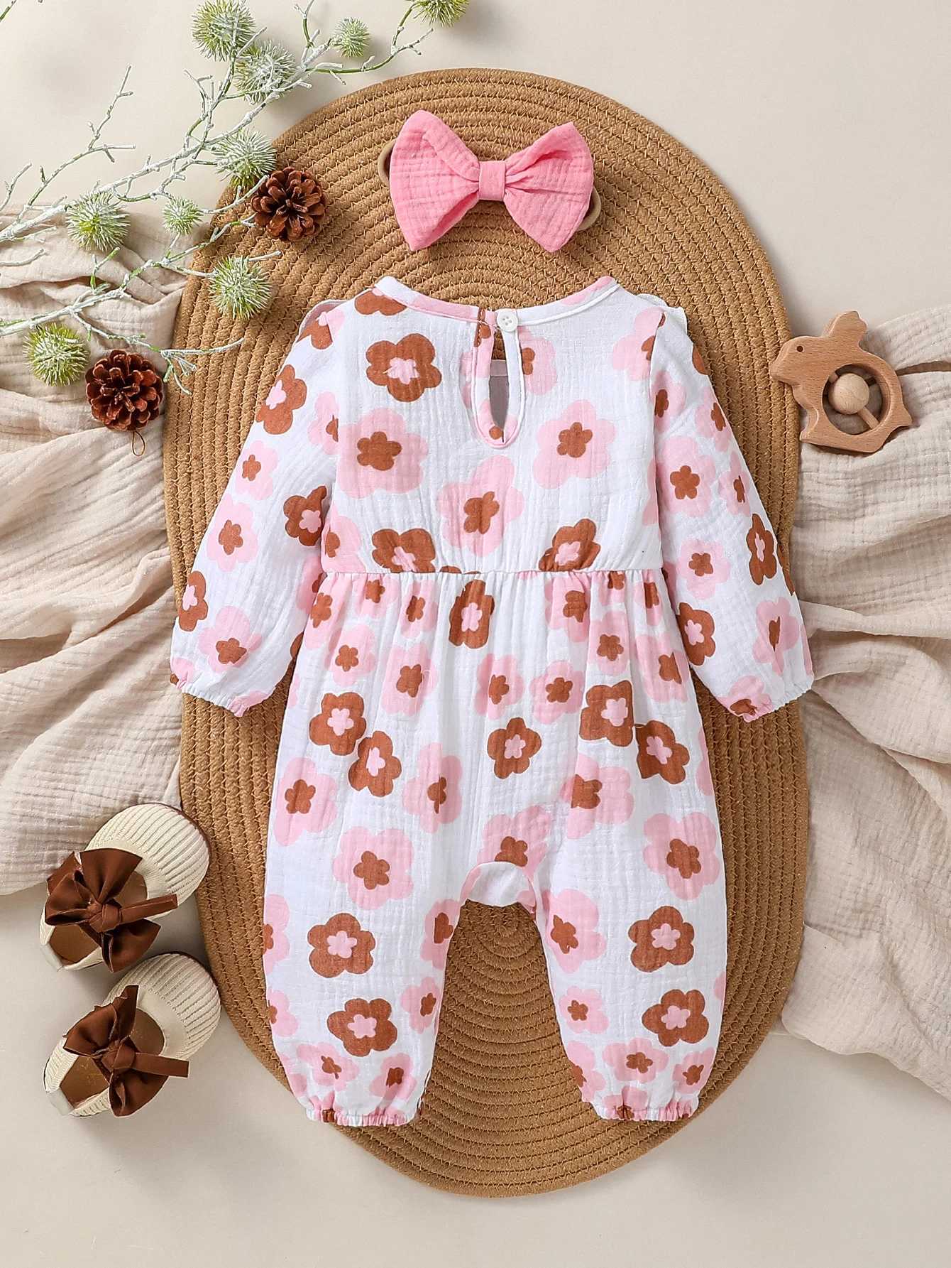 Clothing Sets 2024 New Style Baby Girls Spring/ Autumn Long Sleeve Print Flower With Bow O-18M Honey Dressy Jumpsuit +Headband H241126