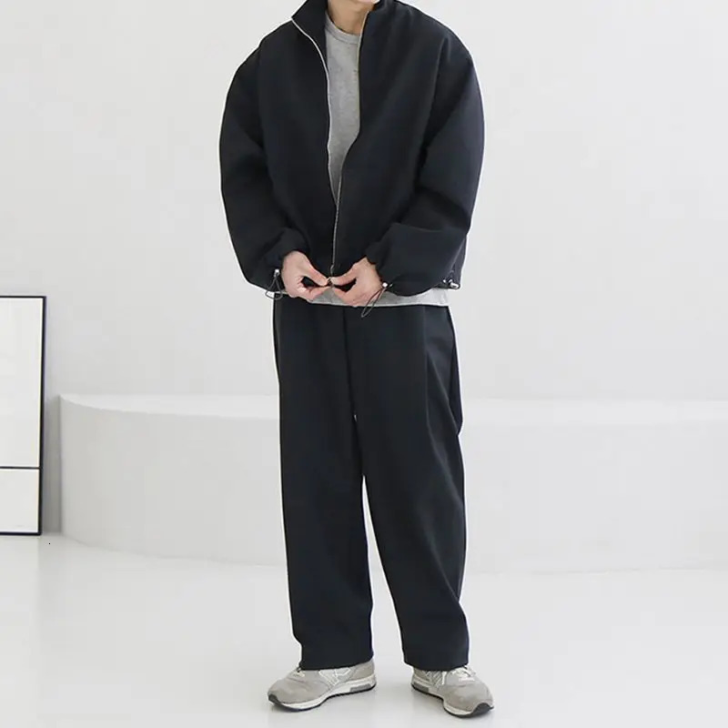 Autumn and Winter Tracksuit Collar Zipper Jacket Mens Korean Open Woolen Sweater Versatile Casual Sports Pants 2-piece Set/Single 241126