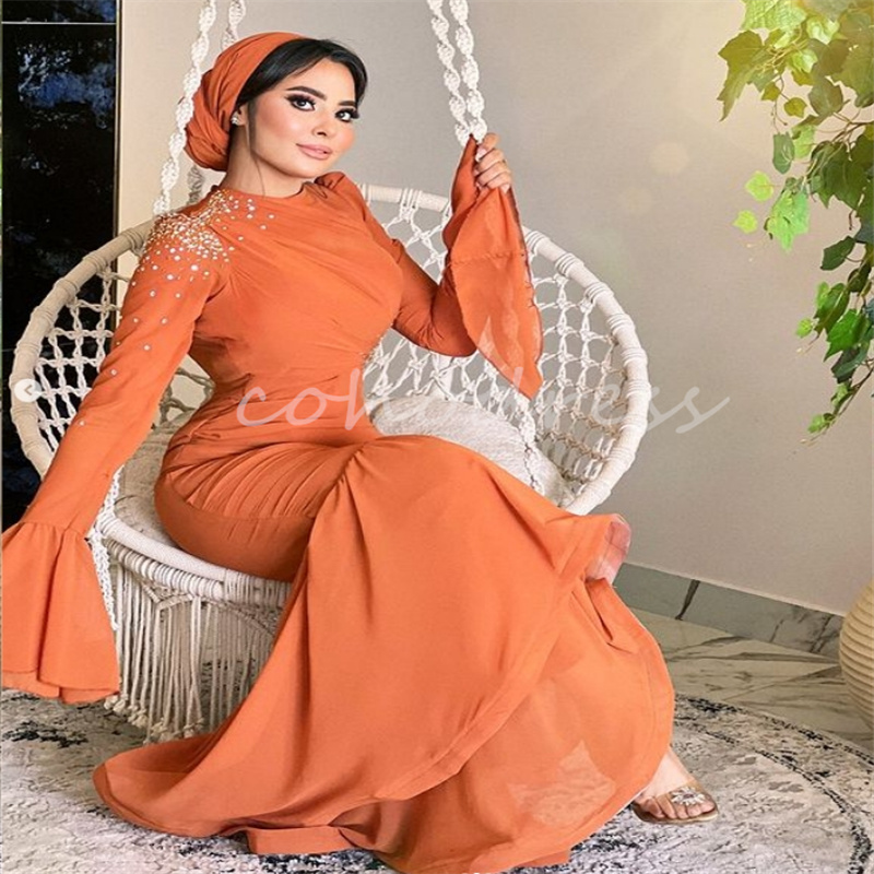 Gorgeous Orange Mermaid Evening Dress Caftan Moroccan Long Sleeve Prom Dress Beaded Plus Size Formal Engagement Party Arabic Vestidos De Fiesta Para M
