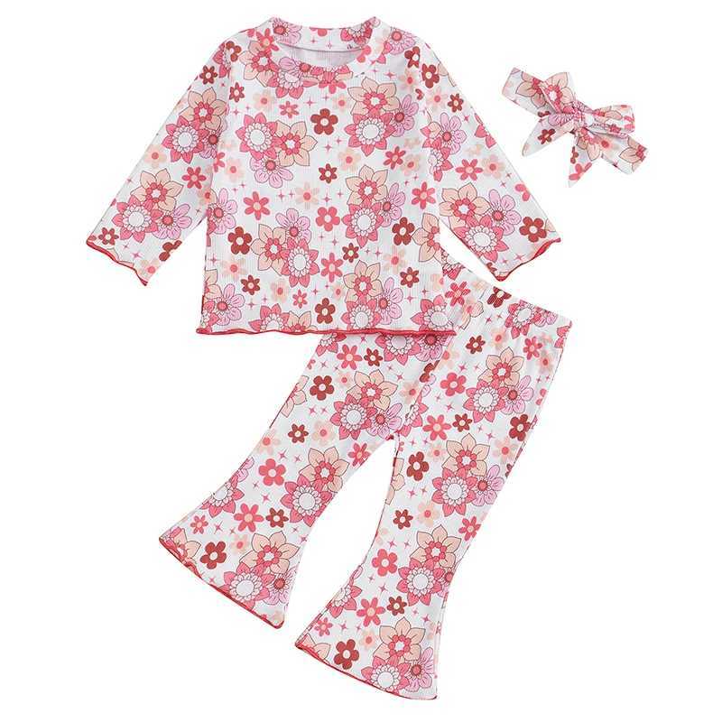 Clothing Sets Baby Girl Autumn Clothing Set Floral Print Crew Neck Long Sleeve Shirt Bell Bottoms Headband 3 Piece Outfit H241126