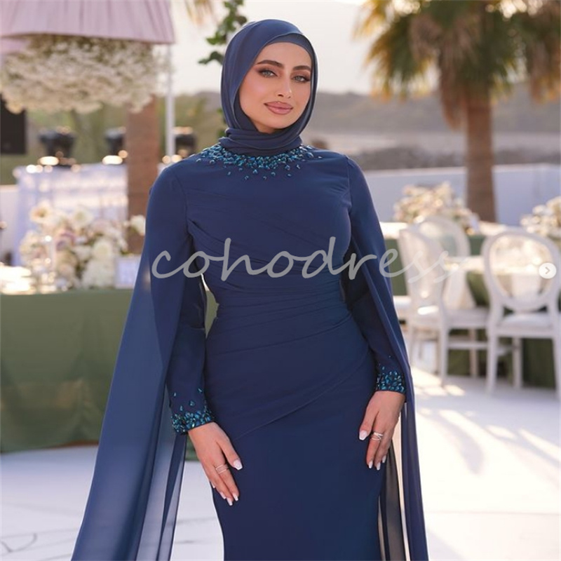 Islamic Muslim Navy Evening Dress With Beaded Long Sleeve Mermaid Prom Dress Elegant Abaya Dubai Formal Occasion Gown Robe De Soiree Birthday Gown