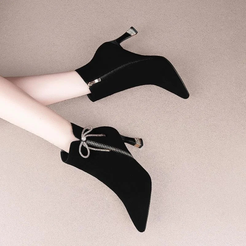 2024 Shoes for Women Zipper Winter Womens Boots Pointed Toe Flock Plush Butterfly-knot Sequins High Heels Fashion Boots 241126