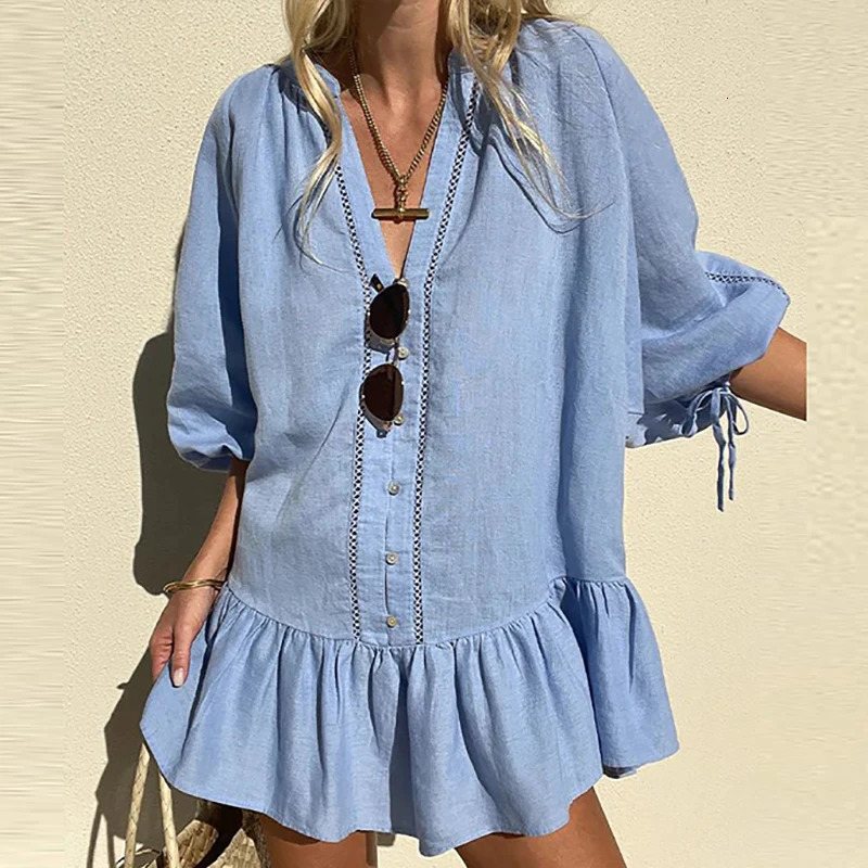 Spring Summer Solid Color Pleated Shirt Dress Womens Fashion Button Beach Dresses Blue Deep V 34 Sleeved Loose Vestidos 241112