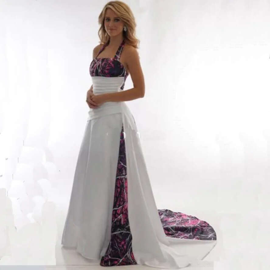 Elegant Halter Camo A E Dresses Satin Ruched Sweep Train Bridal Wedding Gowns With Lace Up Bc3340