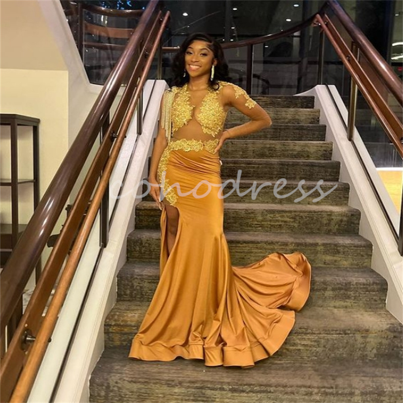 Glam Orange Prom Dress For Black Women Sexy One Shoulder Long Sleeve Mermaid Evening Dress Split Lace Tassle Birthday Occasion Nigeria Party Dress Ves