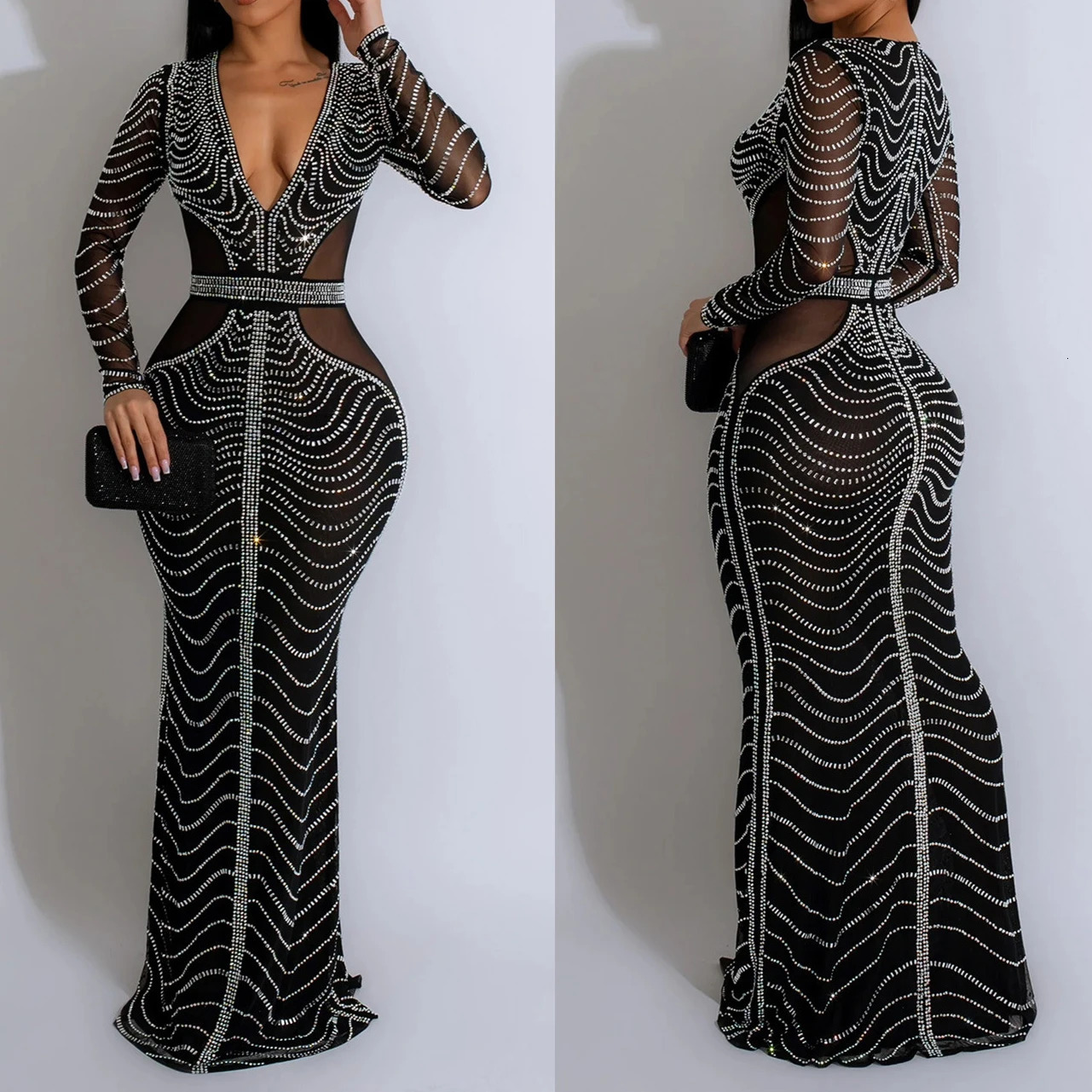 Womens Long Dress Sparkling Diamond Christmas Womens Long Sleeve Elegant Party Cocktail Ball Evening Dress HXY19 241125