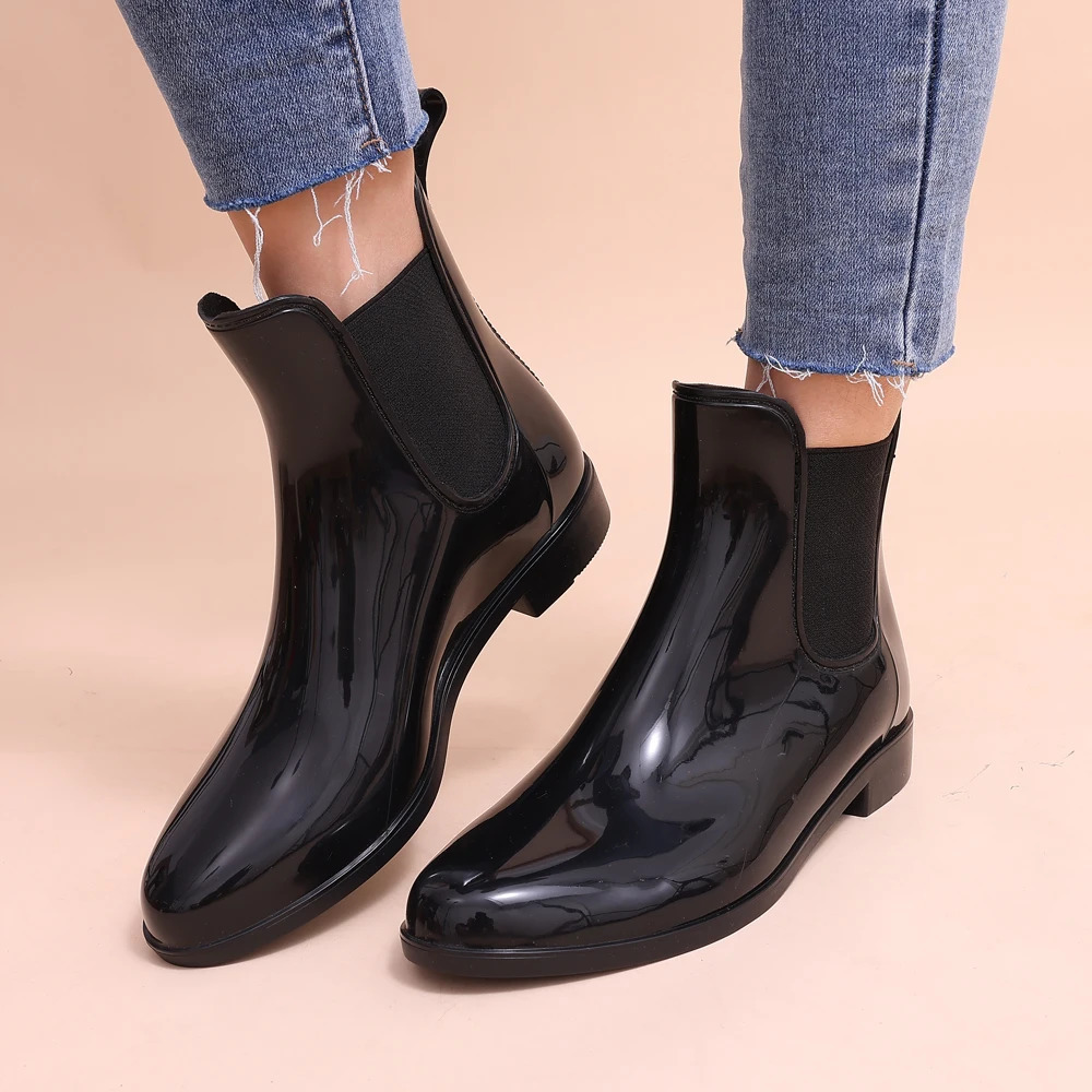 Shevalues Womens Chelsea Rain Boots Shiny Ankle Boots Waterproof Upper Elastic Strap Low Bottom Fashionable Non slip Womens Boots 241126