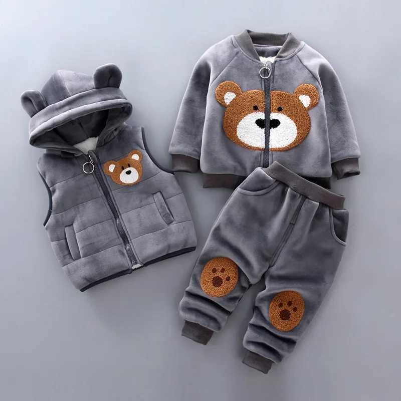 Clothing Sets Boys Girls Cartoon Bear Clothing Suits Baby Plus Velvet Jacket+Vest+ Pants 3Pcs Sets Kids Toddler Winter Sports Clothes 1-4Yrs H241126
