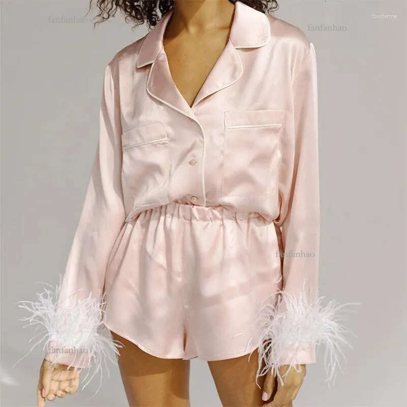 Women's Sleepwear Womens Pajamas Set Fur Pyjamas Silk Satin 2024 Spring Summer Feather Pijama Suit Solid Female Homewear