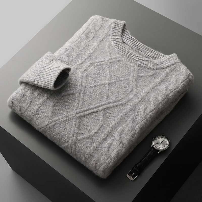 Winter New Mens 100% Wool Cashmere Sweater Thick Zipper O-Collar Jacquard Solid Bottom Sweater Warm Plus Knitted Jacket Top X241126