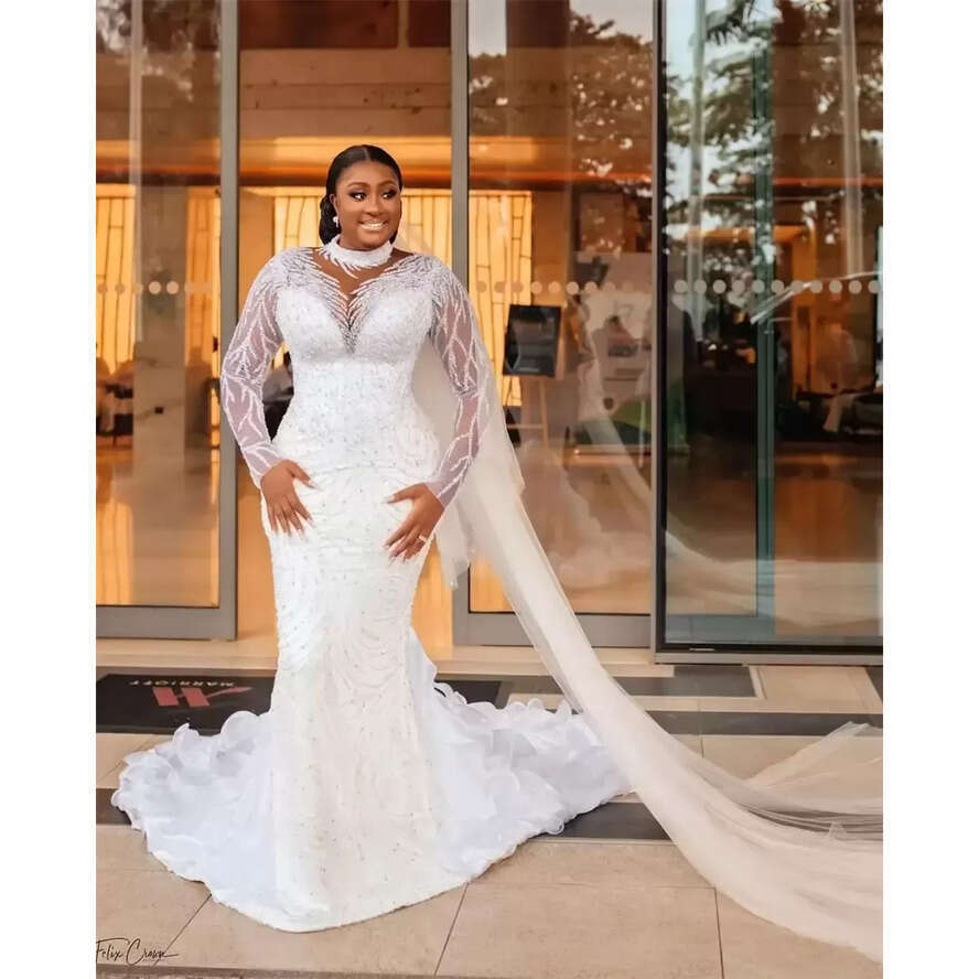 New Plus Size Arabic Aso Ebi Sheer Neck Mermaid Wedding Dress Long Sleeves Sexy Bridal Gowns Dresses 2023 Bc14230