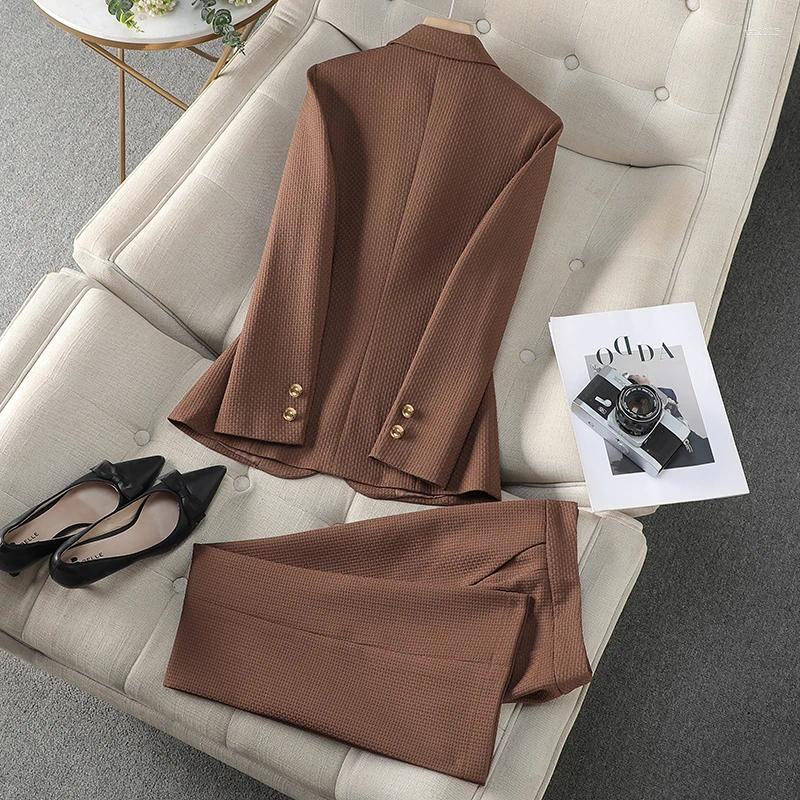 Elegant Women's Suit: Coffee Khaki & Black Two-Piece Pantset for Professional Workplace