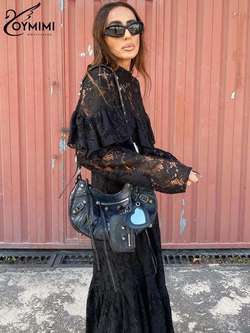 Oymimi Fashion Black Lace Womens Dresses Elegant ONeck Long Sleeve Ruffled Casual Loose AnkleLength Dress Streetwear 241112