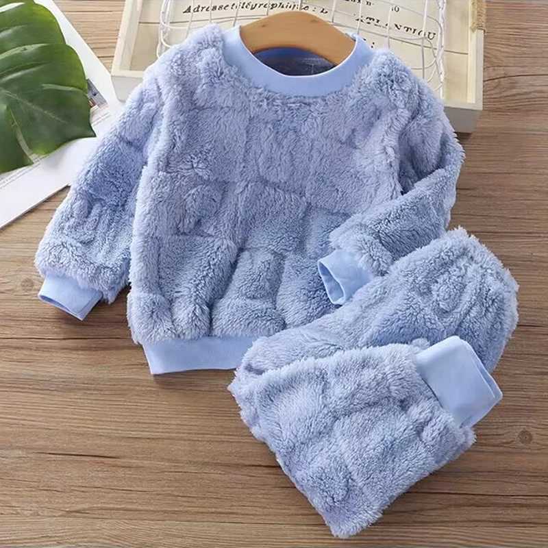 Clothing Sets Childrens autumn and winter flange pajamas suits Korean version boys plus velvet thick home service girl warm underwear suit H241126
