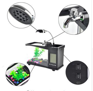USB acrylic mini fish tank aquarium led lighting light with alarm clock for living room bedroom desk decoration accessories