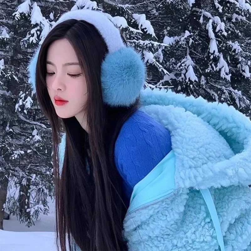 Blue fur faux mink earmuffs for womens winter plush earmuffs warm cycling skiing cold earmuffs sweet girl full matching earmuffs W241126