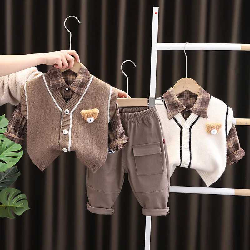Clothing Sets Autumn Winter 3pcs Baby Knitted Sweater Vest Plaid Shirt Pants Set Childrens Cartoon Casual Suits Kids Comfortable Outfit 1-4Y H241126