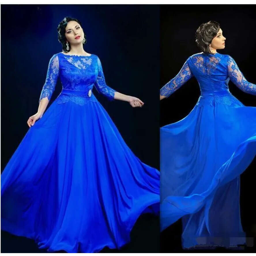 Royal Blue Sheer Evening With 3 4 Sleeve Formal Party Long Prom Gowns Dress Plus Size Special Ocn Dresses