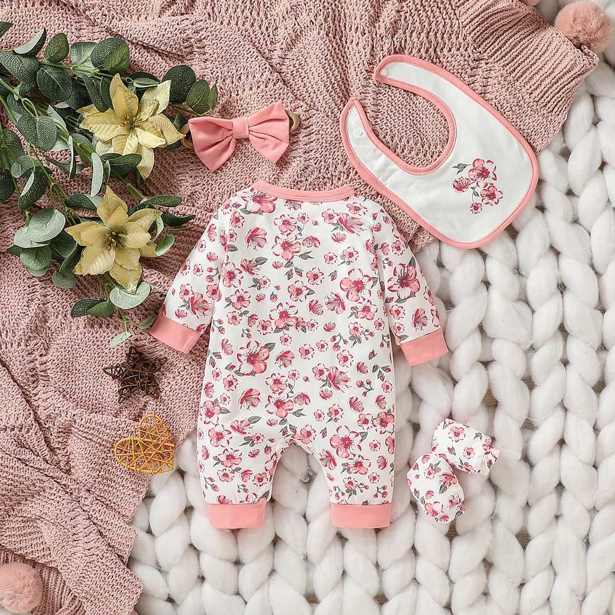 Clothing Sets 4Pcs Baby girls lovely print Flower autumn long-sleeve Fashion Vacation Jumpsuit +Bib+Headband+Gloves H241126