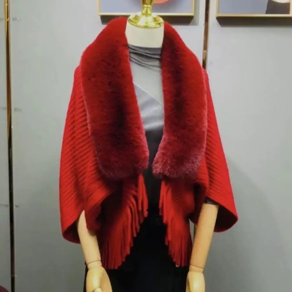Women Winter Shawl Tassel Thicken Solid Color Cardigan Coat Knitted Artificial Rabbit Fur Elegant Banquet Ponchos 241112