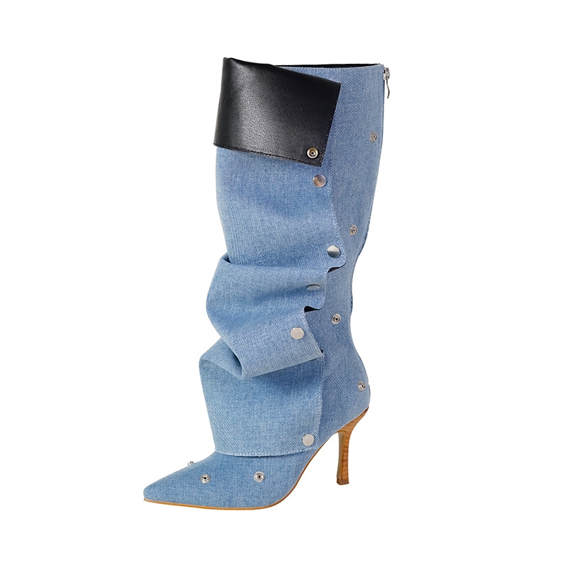 2024 willow stud buckle splicing two wear fine high heel tall boots female personalized spicy girl fashion boots EU35-40