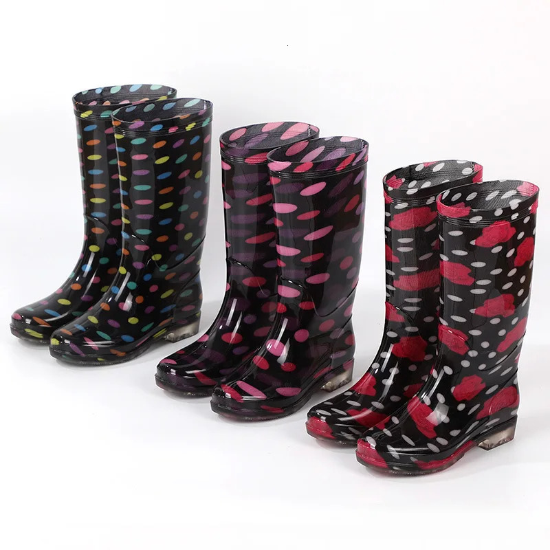Womens adult Galoshes long boots floral printed rain boots PVC anti slip knee high boots womens rain boots free delivery 241126