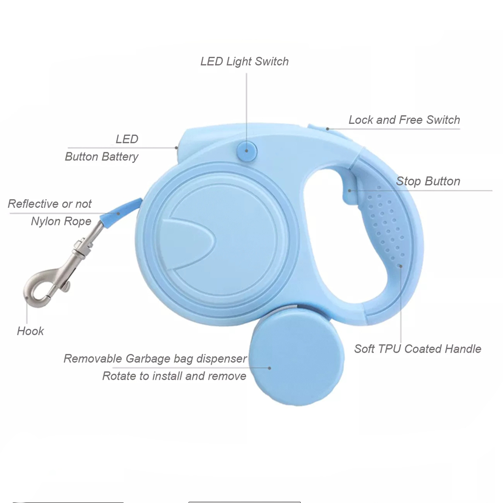 Button Battery Light Up Night LED Flash Smart Dog Retractable Leash with Poop Bags Dispenser for Pets