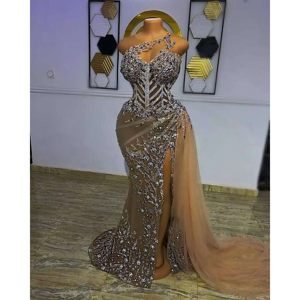 Ebi Arabic Aso Plus Size Gold Urious Mermaid Prom Dresses Beaded Crystals Evening Formal Party Second Reception Birthday Engagement Gowns Dress Bc 666