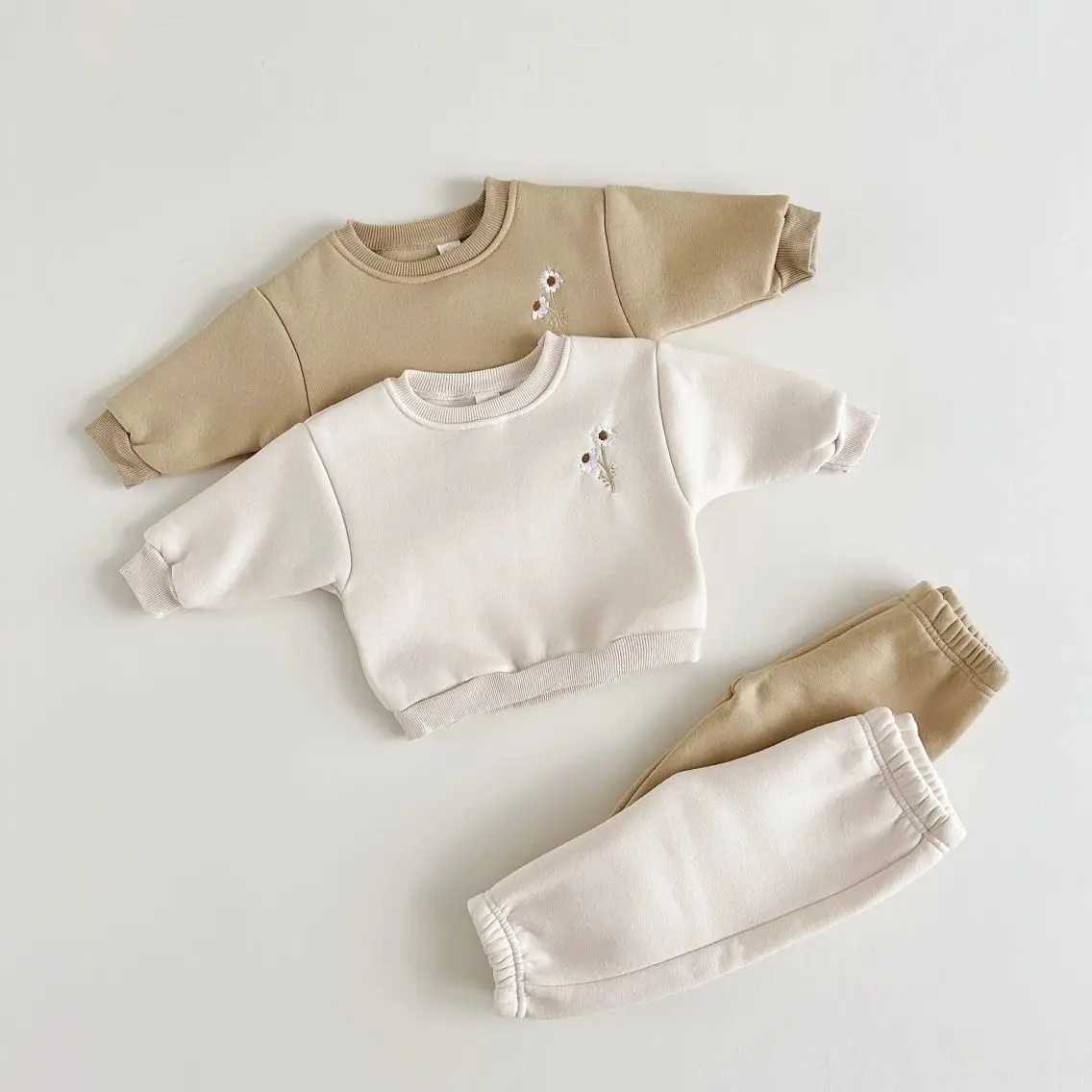 Clothing Sets 2024 Fall Thick Clothes Infant Sets Fleece Embroidery Daisy Pullover Sweatshirt+Jogger Pants Baby Boys Girls Basis Winter 2Pcs H241126