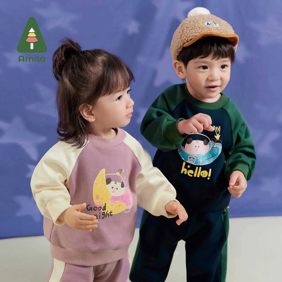Clothing Sets Amila Baby Children Clothing Set 2024 Winter New Multicolour Round Neck Fleecing Warm Soft Baby Clothing H241126