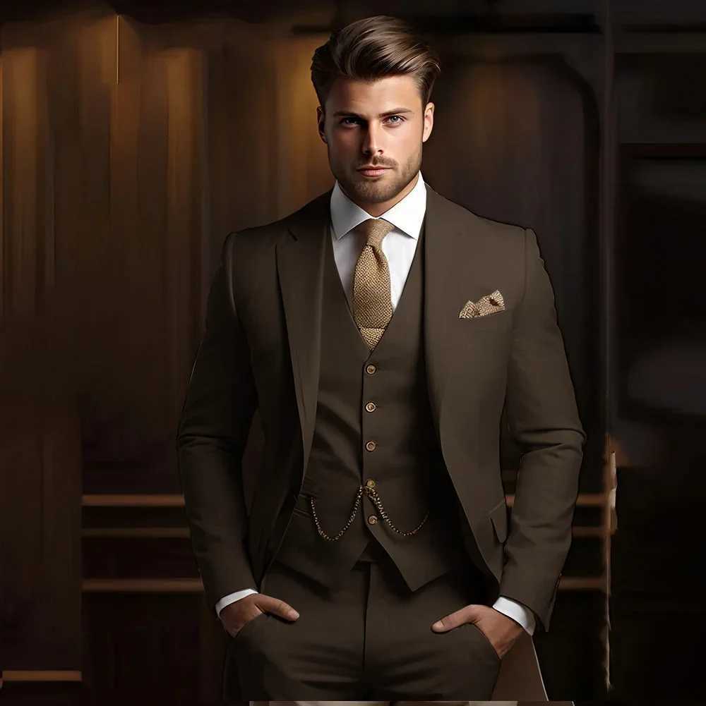 Mens casual suit 3-piece khaki wedding grooms tailcoat slim fit set 2025 mens fashion suit jacket with pants vest X241126