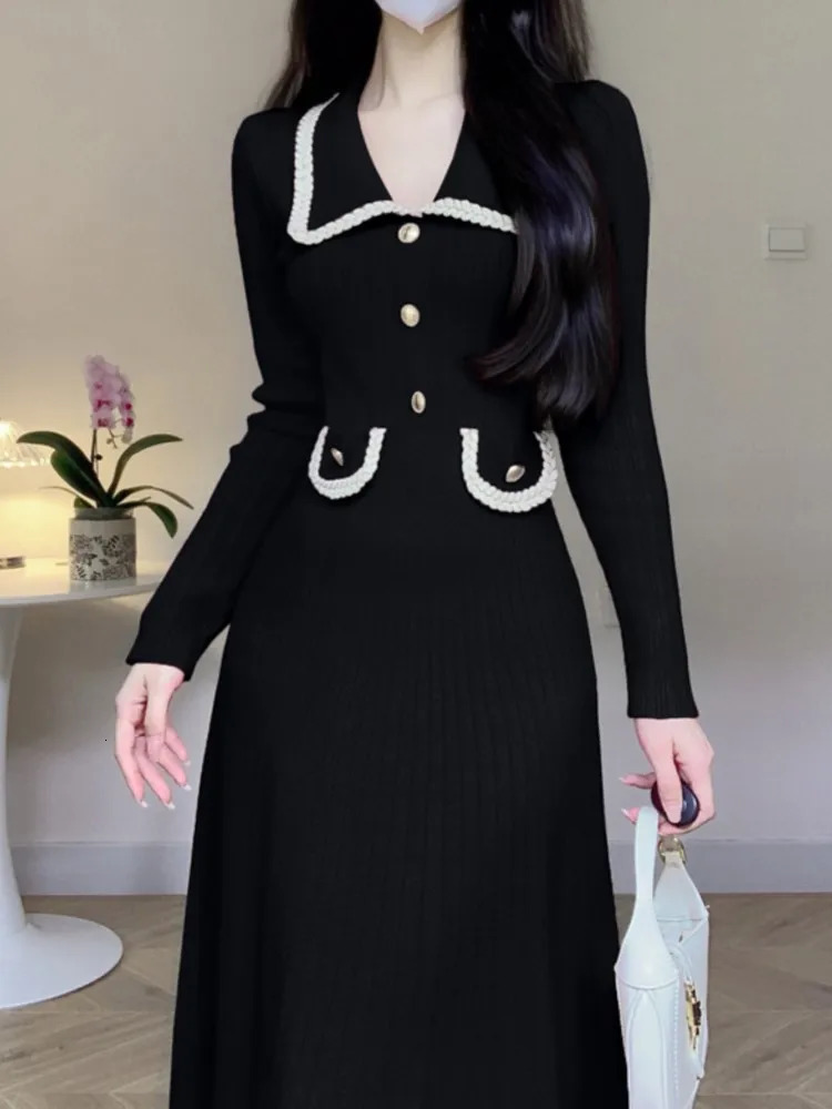 Autumn and winter womens knitted dress with a lapel Korean fashion A-line casual solid dress ultra-thin Vestidos Mujer item 241125