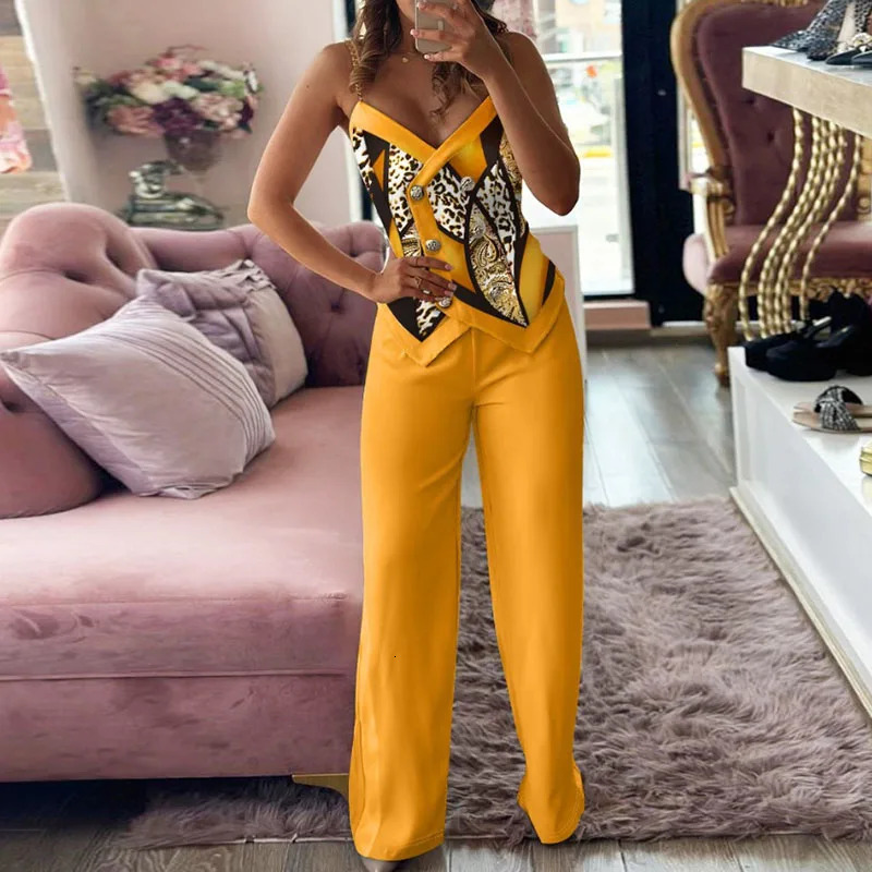 Elegant Double Breasted Sling Printing Sets For Women Summer Fashion Sleeveless Sexy Off-shoulder Long Pants Female Party Suits 240415