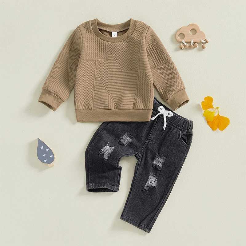 Clothing Sets Toddler Boy Winter Outfits Warm Fleece Hoodie Distressed Jeans Set Kids Clothing for Cold Weather Style H241126