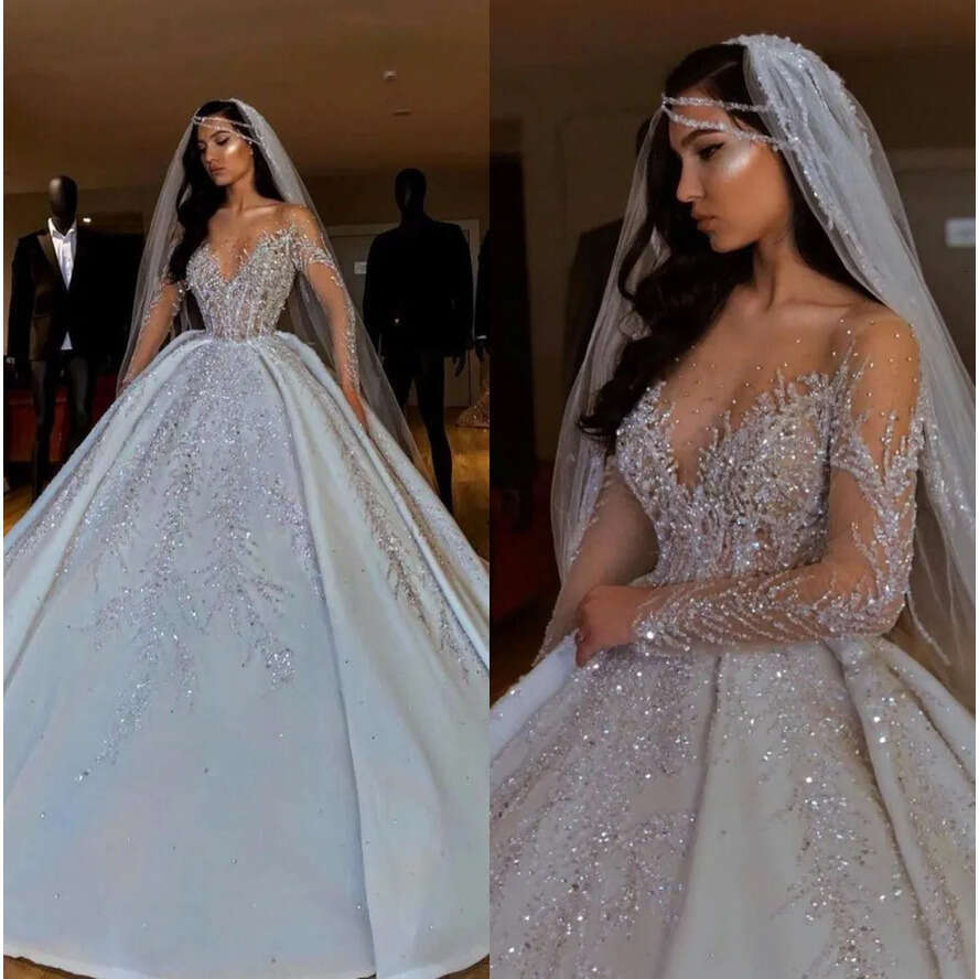Arabic Sheer Long Sleeves Satin Ball Gown Dresses 2020 Dubai Beaded Crystals Ruched Chapel Train Wedding Bridal Gowns Cph044