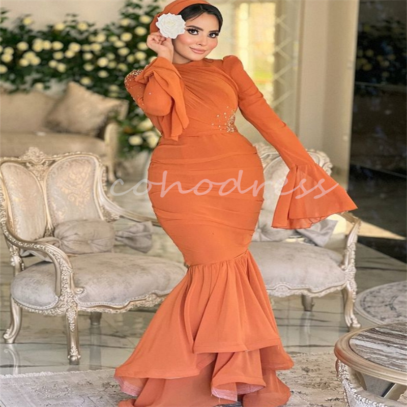 Gorgeous Orange Mermaid Evening Dress Caftan Moroccan Long Sleeve Prom Dress Beaded Plus Size Formal Engagement Party Arabic Vestidos De Fiesta Para M