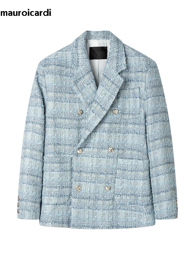 Mauroicardi autumn loose casual colorful blue tweed jacket mens long sleeved double chest mens clothing 241126