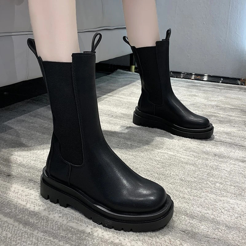 Female Shoes on Sale High Quality Sleeve Womens Boots Autumn Winter Round Toe Solid Middle Tube Chunky Heels Fashion Boots 241114