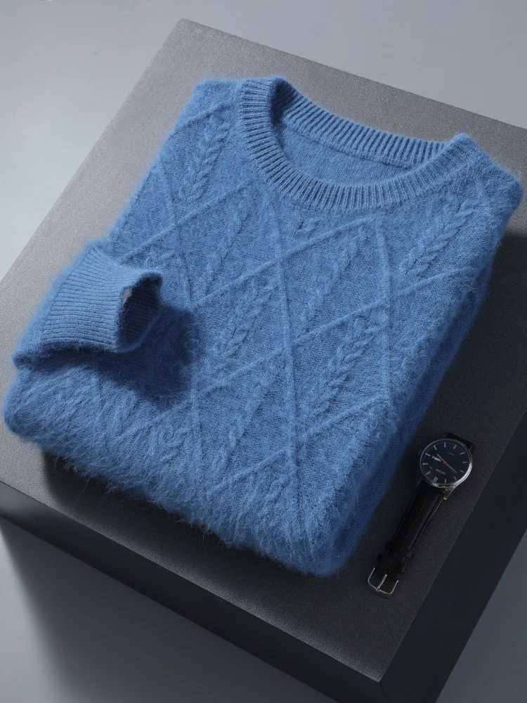 100% mink cashmere autumn mens O-neck sweater cable knitting thick drawing high-quality intelligent cashmere knitting X241126