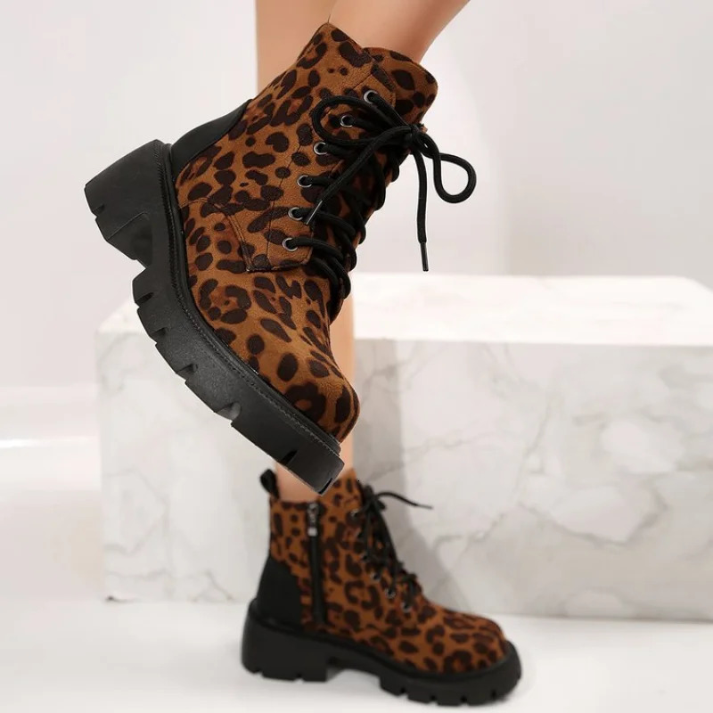 Shoes for Women Fashion Lace Up Women Boots Winter Round Toe Leopard Print Short Barrel Chunky Heels Zipper Plus Size Boots 241114